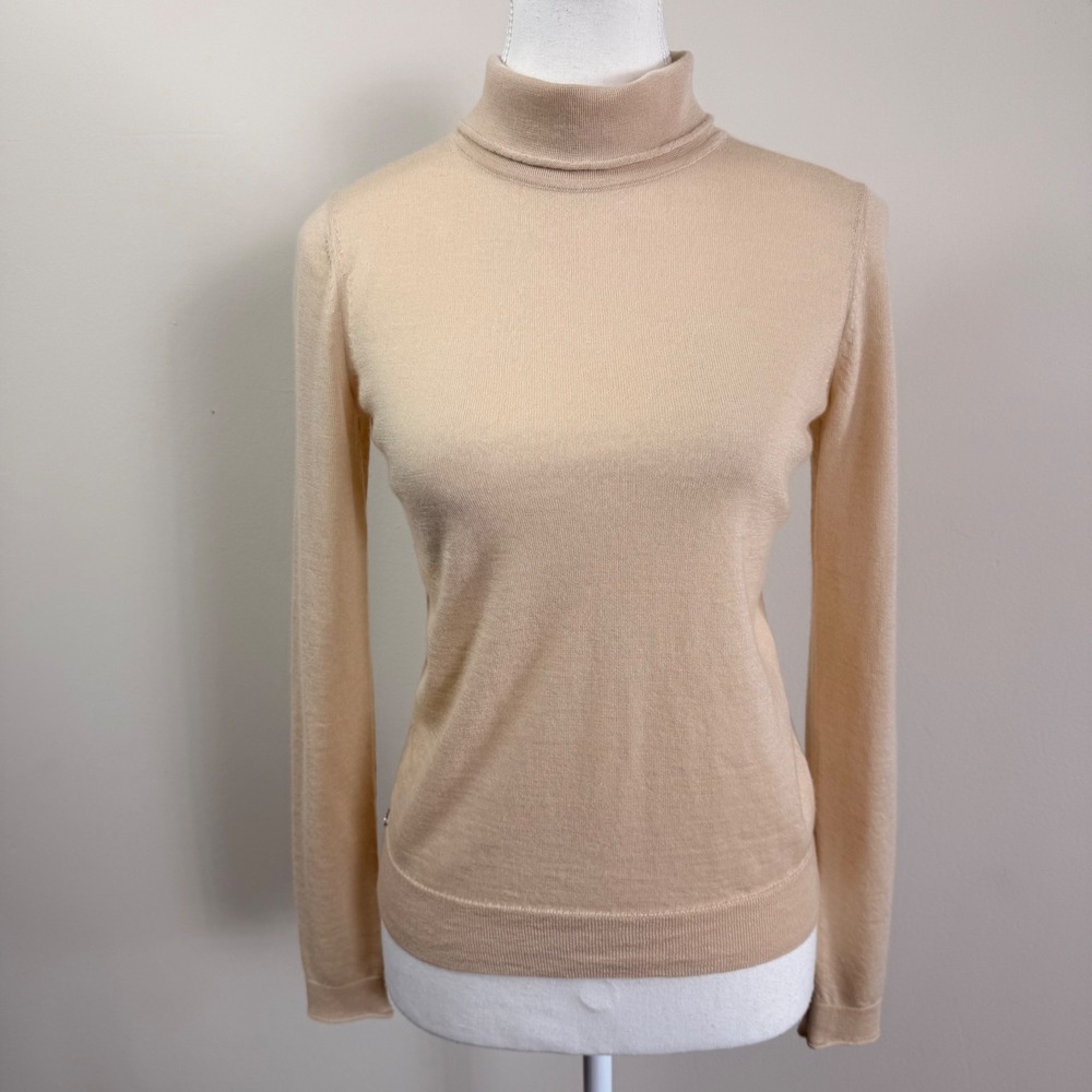 Lafayette 148 Cashmere Beige Turtleneck Sweater Rhinestone Logo Size XS
